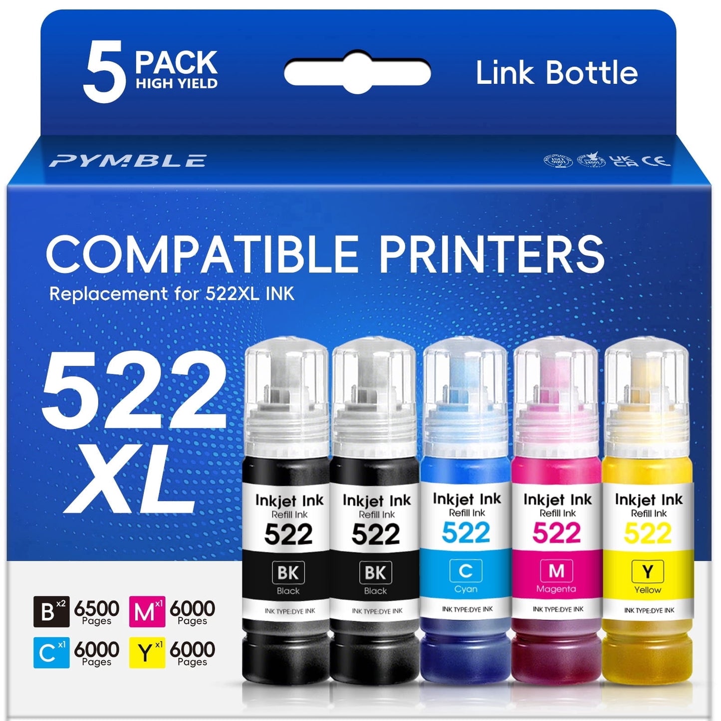 522 Ink Refill Bottles for Epson 522 Ink Bottles for Epson EcoTank Printers ET-2800 ET-4800 ET-4700 ET-2400 ET-2720 ET-2803 (5 Pack)