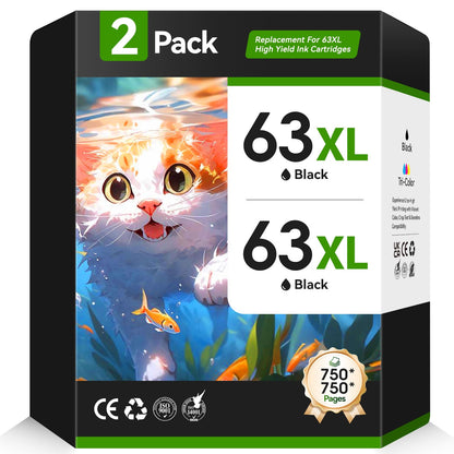 63XL 63 Ink Cartridge Compatible for HP 63 Ink Cartridge Black and Tri-Color (2-Pack)