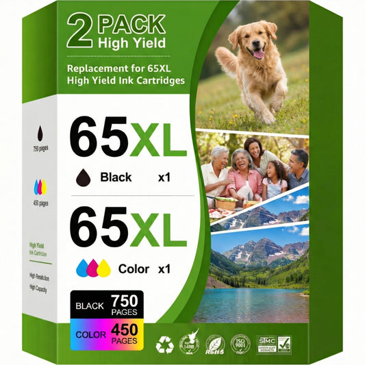 Printer Ink 65 Compatible for HP Ink 65 for for DeskJet 3755 3700 3752 3772 2600 2622 2652 2655 2640 (2-Pack, Black, Tri-Color)