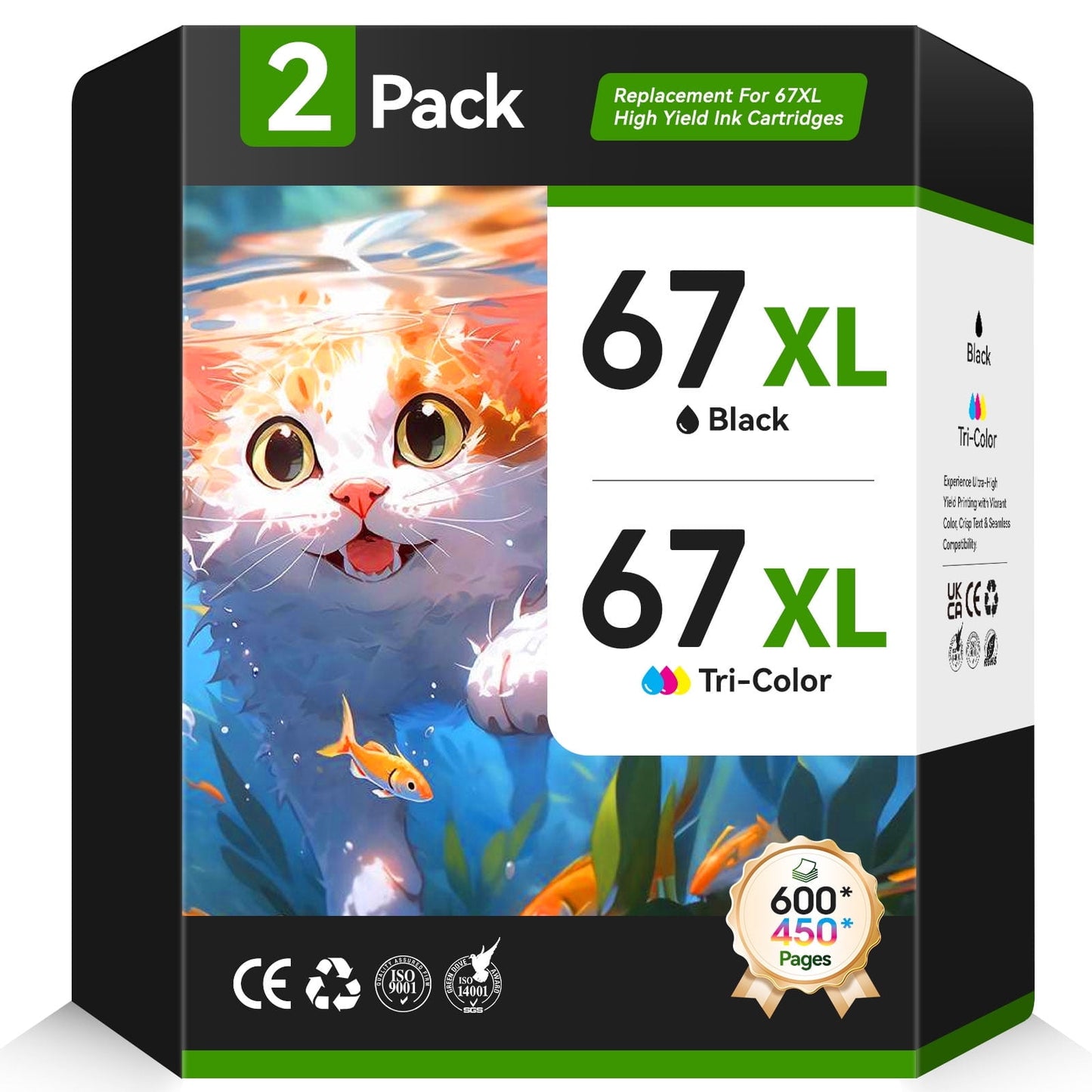 67XL Ink Cartridges Compatible for HP 67 Ink Cartridges work with HP DeskJet 2700 2700e 2755e 2752e Envy 6055e 6055 6000 (2-Pack, Black, Tri-color)