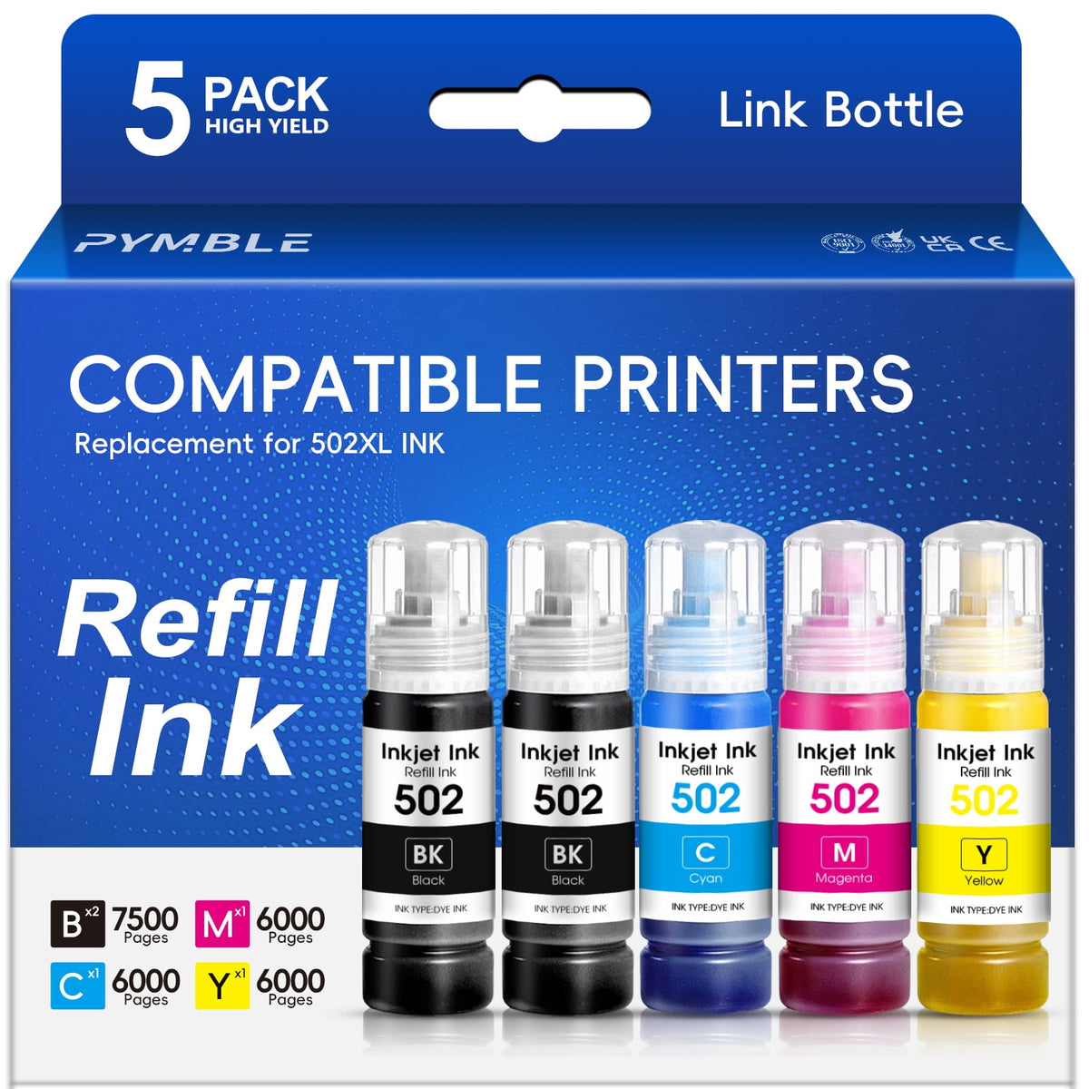 PYMBLE 502 Ink Refill Bottles Compatible for Epson 502 Ink Bottles for Epson EcoTank Printers ET 2850 ET-4850 ET-4760 ET-3850(5 Pack)