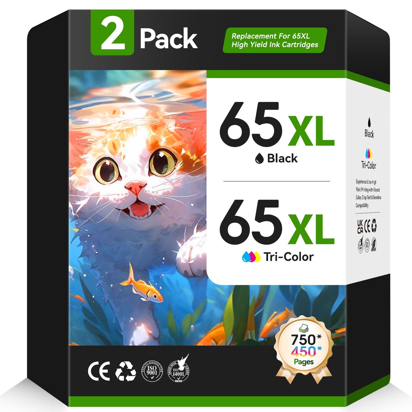 Printer Ink 65 Compatible for HP Ink 65 for for DeskJet 3755 3700 3752 3772 2600 2622 2652 2655 2640 (2-Pack, Black, Tri-Color)