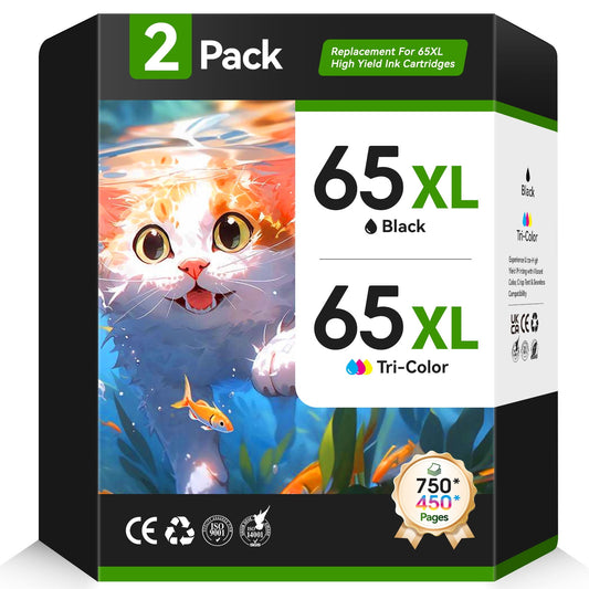Printer Ink 65 Compatible for HP Ink 65 for for DeskJet 3755 3700 3752 3772 2600 2622 2652 2655 2640 (2-Pack, Black, Tri-Color)